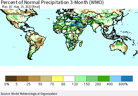 World Percent of Normal Precipitation 3-Month (WMO) Thematic Map For 5/16/2023 - 8/15/2023