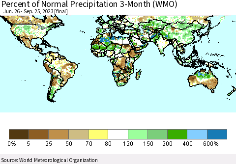 World Percent of Normal Precipitation 3-Month (WMO) Thematic Map For 6/26/2023 - 9/25/2023