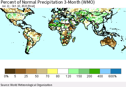 World Percent of Normal Precipitation 3-Month (WMO) Thematic Map For 7/11/2023 - 10/10/2023