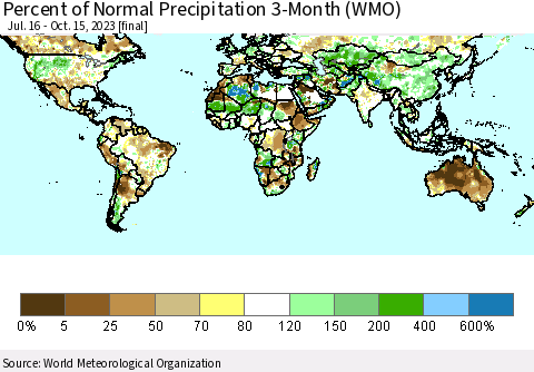 World Percent of Normal Precipitation 3-Month (WMO) Thematic Map For 7/16/2023 - 10/15/2023