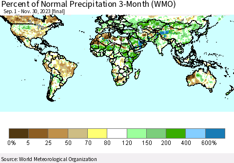 World Percent of Normal Precipitation 3-Month (WMO) Thematic Map For 9/1/2023 - 11/30/2023