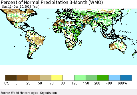 World Percent of Normal Precipitation 3-Month (WMO) Thematic Map For 9/11/2023 - 12/10/2023