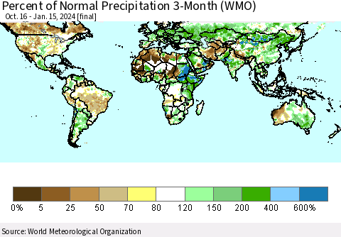 World Percent of Normal Precipitation 3-Month (WMO) Thematic Map For 10/16/2023 - 1/15/2024