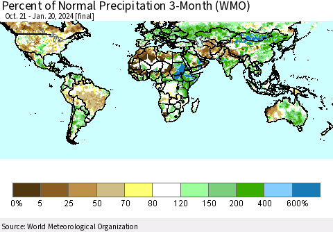 World Percent of Normal Precipitation 3-Month (WMO) Thematic Map For 10/21/2023 - 1/20/2024