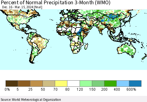 World Percent of Normal Precipitation 3-Month (WMO) Thematic Map For 12/16/2023 - 3/15/2024