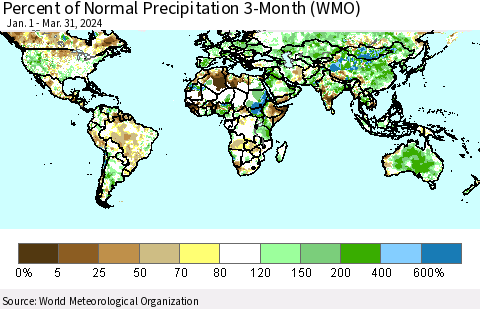 World Percent of Normal Precipitation 3-Month (WMO) Thematic Map For 1/1/2024 - 3/31/2024