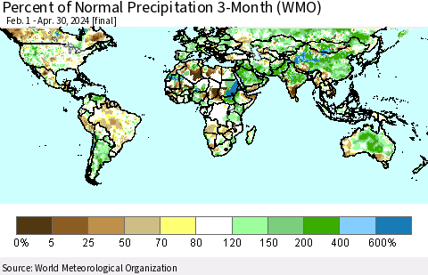 World Percent of Normal Precipitation 3-Month (WMO) Thematic Map For 2/1/2024 - 4/30/2024