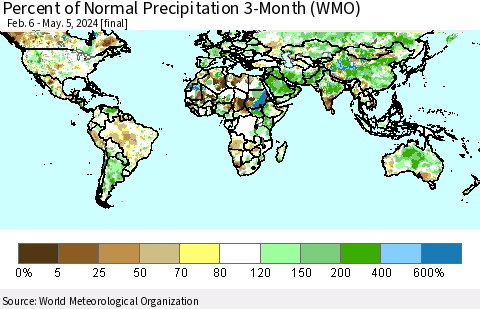 World Percent of Normal Precipitation 3-Month (WMO) Thematic Map For 2/6/2024 - 5/5/2024