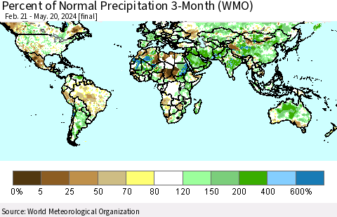 World Percent of Normal Precipitation 3-Month (WMO) Thematic Map For 2/21/2024 - 5/20/2024