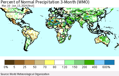 World Percent of Normal Precipitation 3-Month (WMO) Thematic Map For 3/16/2024 - 6/15/2024