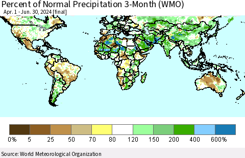 World Percent of Normal Precipitation 3-Month (WMO) Thematic Map For 4/1/2024 - 6/30/2024