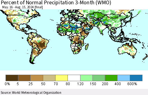 World Percent of Normal Precipitation 3-Month (WMO) Thematic Map For 5/16/2024 - 8/15/2024