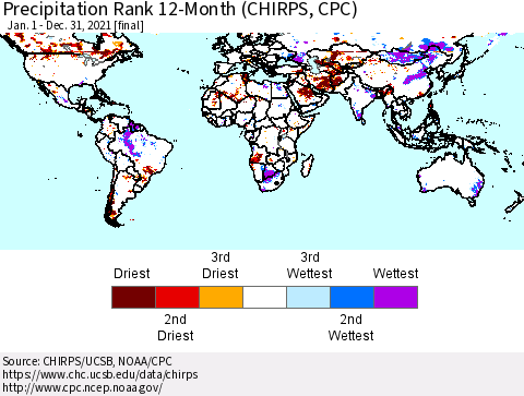 World Precipitation Rank 12-Month (CHIRPS) Thematic Map For 1/1/2021 - 12/31/2021