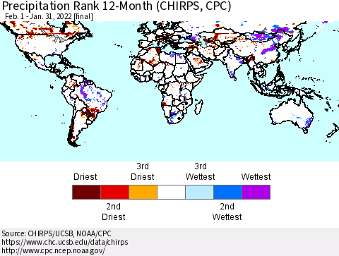 World Precipitation Rank 12-Month (CHIRPS) Thematic Map For 2/1/2021 - 1/31/2022