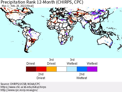 World Precipitation Rank since 1981, 12-Month (CHIRPS) Thematic Map For 3/1/2021 - 2/28/2022