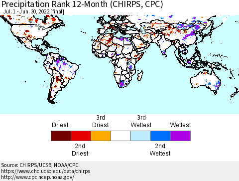 World Precipitation Rank 12-Month (CHIRPS) Thematic Map For 7/1/2021 - 6/30/2022