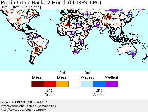 World Precipitation Rank since 1981, 12-Month (CHIRPS) Thematic Map For 12/1/2021 - 11/30/2022