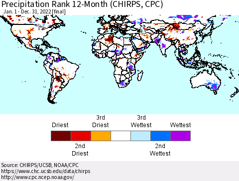 World Precipitation Rank since 1981, 12-Month (CHIRPS) Thematic Map For 1/1/2022 - 12/31/2022
