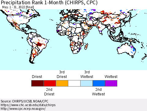 World Precipitation Rank 1-Month (CHIRPS) Thematic Map For 5/1/2022 - 5/31/2022