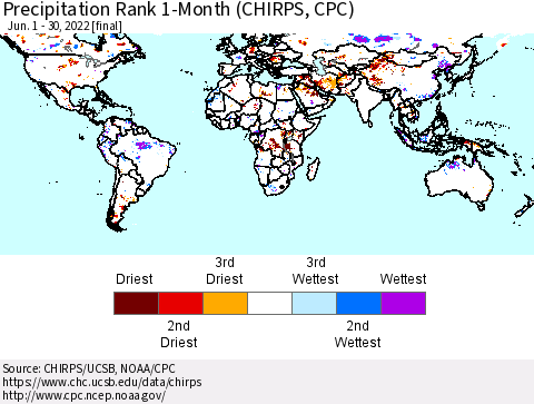 World Precipitation Rank 1-Month (CHIRPS) Thematic Map For 6/1/2022 - 6/30/2022
