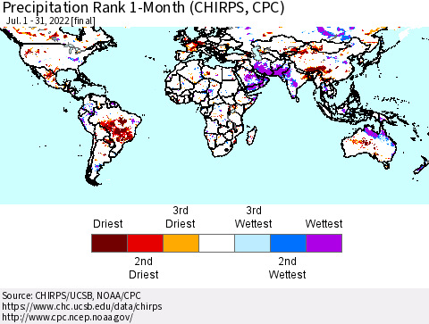 World Precipitation Rank 1-Month (CHIRPS) Thematic Map For 7/1/2022 - 7/31/2022