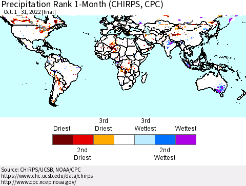 World Precipitation Rank 1-Month (CHIRPS) Thematic Map For 10/1/2022 - 10/31/2022