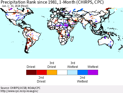 World Precipitation Rank since 1981, 1-Month (CHIRPS) Thematic Map For 1/1/2024 - 1/31/2024