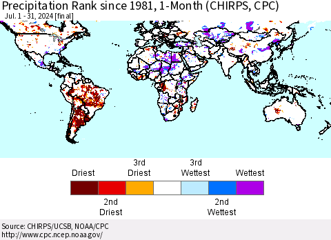 World Precipitation Rank since 1981, 1-Month (CHIRPS) Thematic Map For 7/1/2024 - 7/31/2024