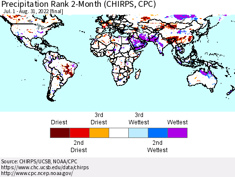 World Precipitation Rank 2-Month (CHIRPS) Thematic Map For 7/1/2022 - 8/31/2022