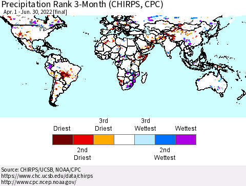 World Precipitation Rank 3-Month (CHIRPS) Thematic Map For 4/1/2022 - 6/30/2022