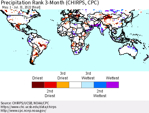 World Precipitation Rank since 1981, 3-Month (CHIRPS) Thematic Map For 5/1/2022 - 7/31/2022