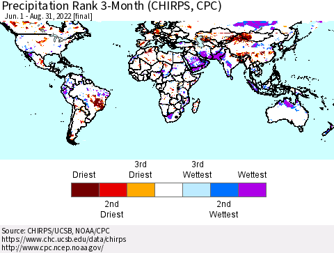 World Precipitation Rank 3-Month (CHIRPS) Thematic Map For 6/1/2022 - 8/31/2022