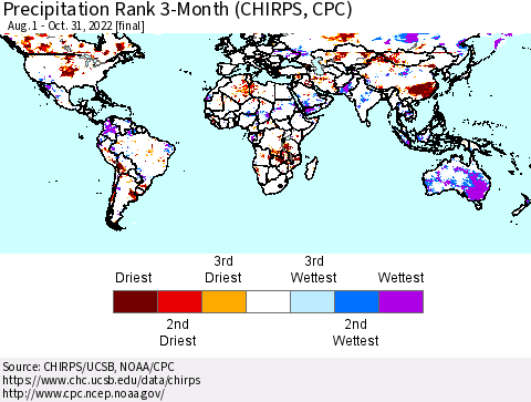 World Precipitation Rank since 1981, 3-Month (CHIRPS) Thematic Map For 8/1/2022 - 10/31/2022