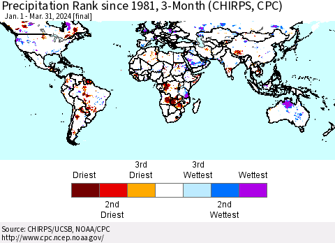 World Precipitation Rank since 1981, 3-Month (CHIRPS) Thematic Map For 1/1/2024 - 3/31/2024