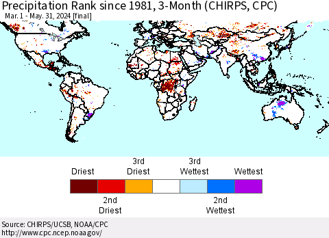 World Precipitation Rank since 1981, 3-Month (CHIRPS) Thematic Map For 3/1/2024 - 5/31/2024
