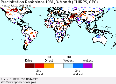 World Precipitation Rank since 1981, 3-Month (CHIRPS) Thematic Map For 5/1/2025 - 7/31/2025