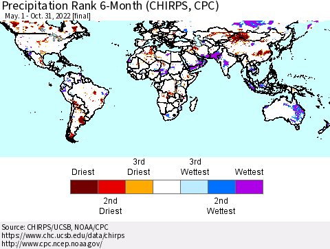 World Precipitation Rank 6-Month (CHIRPS) Thematic Map For 5/1/2022 - 10/31/2022