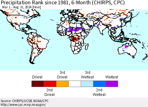 World Precipitation Rank since 1981, 6-Month (CHIRPS) Thematic Map For 3/1/2024 - 8/31/2024