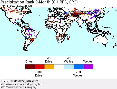 World Precipitation Rank 9-Month (CHIRPS) Thematic Map For 4/1/2021 - 12/31/2021