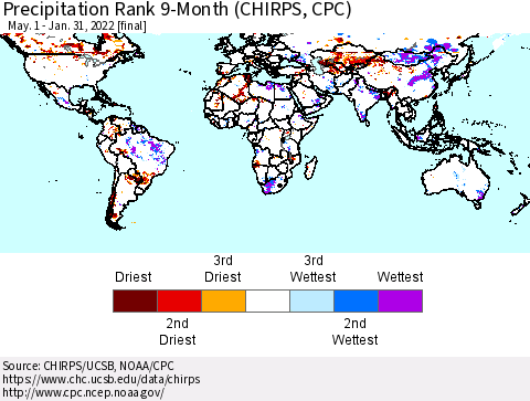 World Precipitation Rank 9-Month (CHIRPS) Thematic Map For 5/1/2021 - 1/31/2022