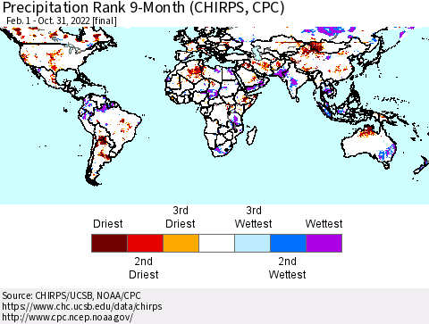 World Precipitation Rank 9-Month (CHIRPS) Thematic Map For 2/1/2022 - 10/31/2022