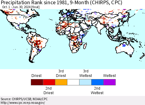 World Precipitation Rank since 1981, 9-Month (CHIRPS) Thematic Map For 10/1/2023 - 6/30/2024