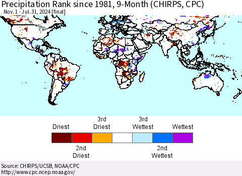 World Precipitation Rank since 1981, 9-Month (CHIRPS) Thematic Map For 11/1/2023 - 7/31/2024