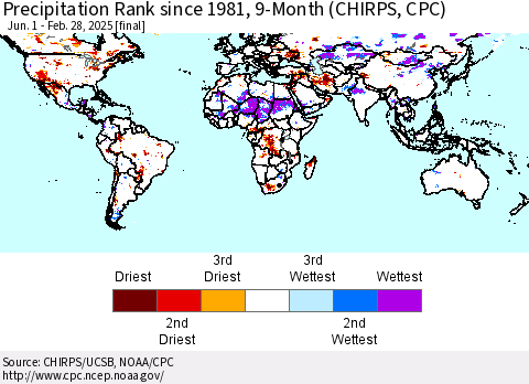 World Precipitation Rank since 1981, 9-Month (CHIRPS) Thematic Map For 6/1/2024 - 2/28/2025