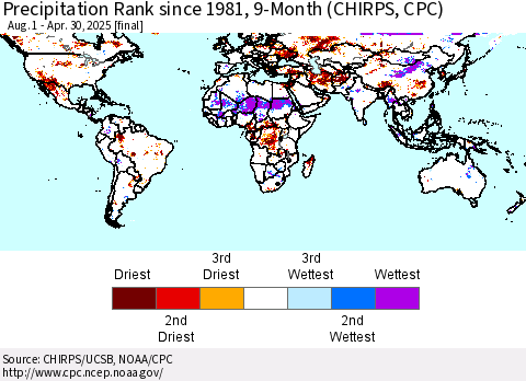 World Precipitation Rank since 1981, 9-Month (CHIRPS) Thematic Map For 8/1/2024 - 4/30/2025