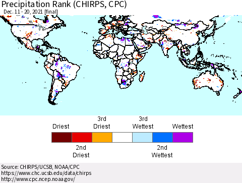 World Precipitation Rank (CHIRPS) Thematic Map For 12/11/2021 - 12/20/2021