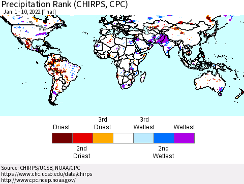 World Precipitation Rank (CHIRPS) Thematic Map For 1/1/2022 - 1/10/2022