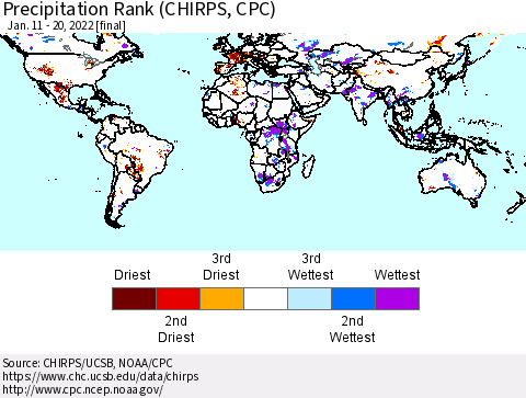 World Precipitation Rank (CHIRPS) Thematic Map For 1/11/2022 - 1/20/2022