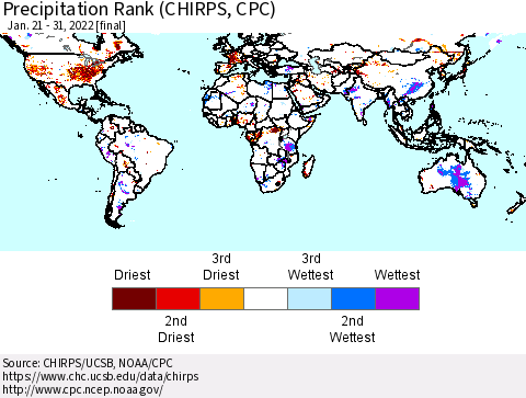 World Precipitation Rank (CHIRPS) Thematic Map For 1/21/2022 - 1/31/2022