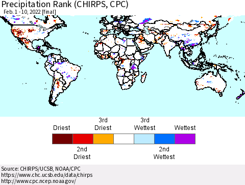 World Precipitation Rank (CHIRPS) Thematic Map For 2/1/2022 - 2/10/2022